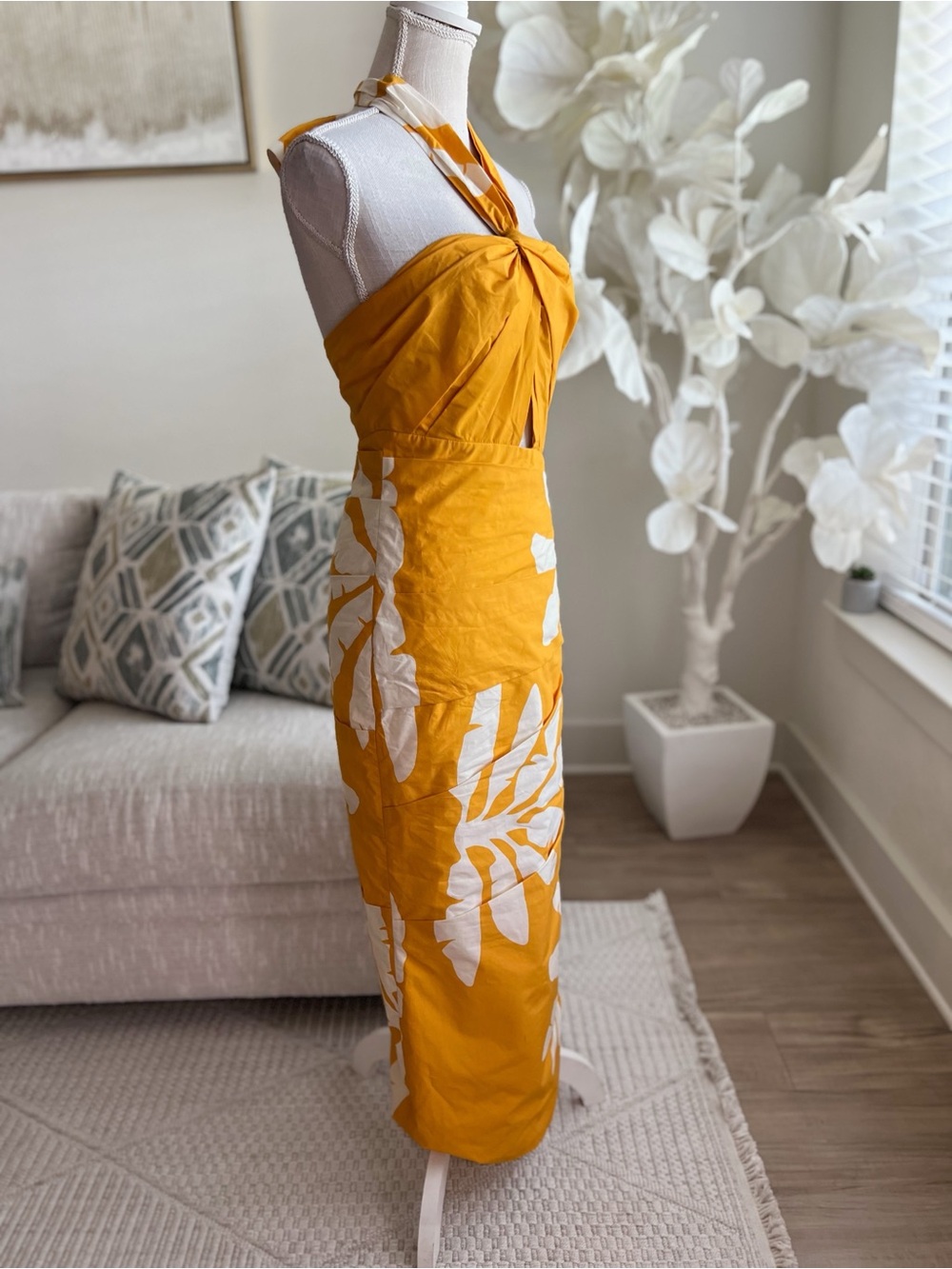 Johanna Ortiz Chiricahua Printed Cotton Poplin Mustard Yellow Halter Dress 2 - Picture 5 of 9